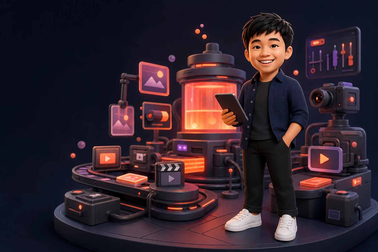 Nhân vật 3D vận hành nhà máy nội dung AI